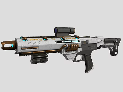 Futuristic Sci Fi Weapon With Scope Glowing Blue Lights Metallic Silver Body And Ergonomic Grip 3d model