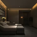 Relaxing SPA Sauna Interior with Stone Wall Massage Beds and Serene Ambient Lighting
