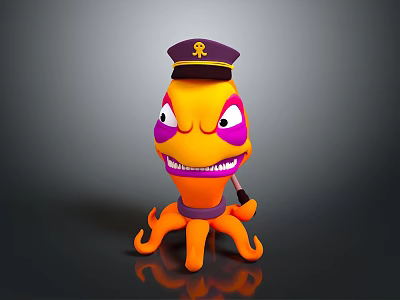 3D Model of Orange Cartoon Octopus With Fierce Expression Badge Hat And Stick 3d model