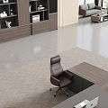 Modern Wooden Office Desk With Black Frame Laptop Bookshelf And Lake View Through Large Windows