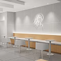 Modern Tea Restaurant Interior With Gray Walls White Counter Long Tables And Hanging Lights