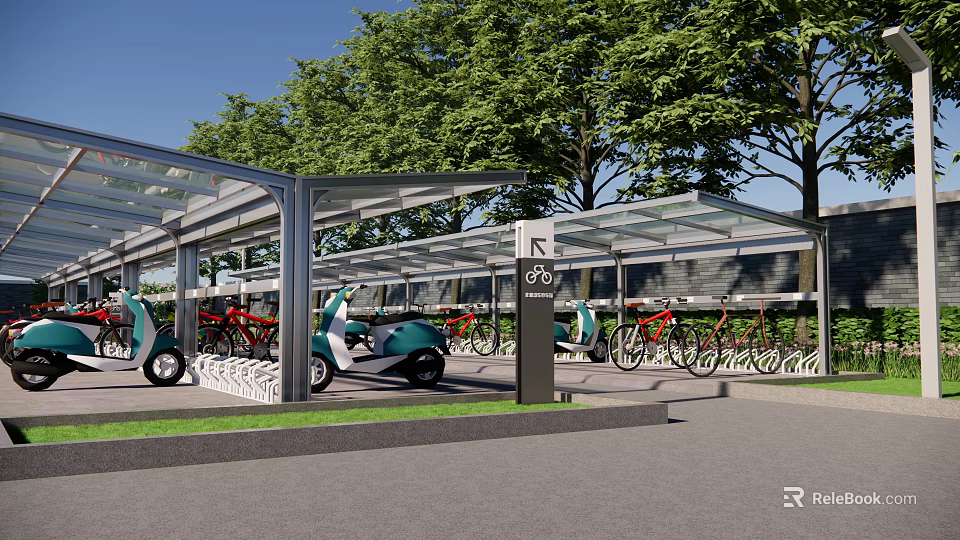 Bicycle And Scooter Parking Shelter With Transparent Roof And Green Trees 3d model 