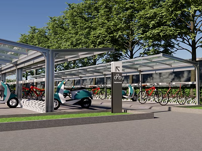 Bicycle And Scooter Parking Shelter With Transparent Roof And Green Trees 3d model