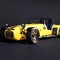 Yellow Vintage Convertible Roadster With Blue Seats Black Stripes And Black Wheels