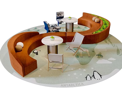 Brown Curved Sofa And Round Coffee Table Set With Green Decor Chairs On Penguin Rug 3d model