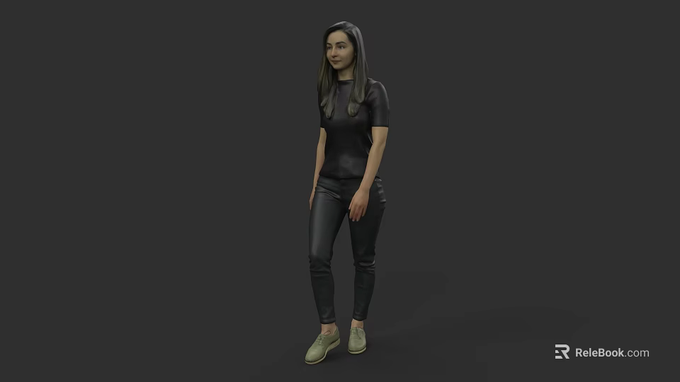 3D Model Woman Wearing Black Top Black Pants and Green Shoes on Dark Background 3d model 