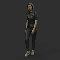 3D Model Woman Wearing Black Top Black Pants and Green Shoes on Dark Background