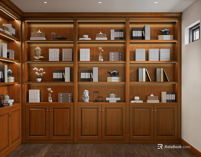 Classic Study Room Interior With Wooden Bookshelves Books Decorative Items And Warm Lighting 3d model 