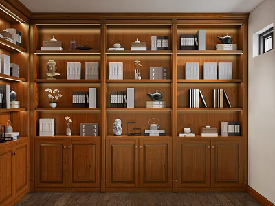 Classic Study Room Interior With Wooden Bookshelves Books Decorative Items And Warm Lighting 3d model