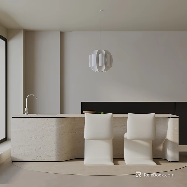 Modern Dining Table Set With White Chairs Light Colored Countertop And Pendant Light 3d model