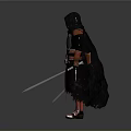 Sci Fi Warrior Character With Black Cloak Red Accents And Twin Pink Lightsabers