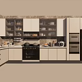 Modern Kitchen Cookware With White Cabinets Black Appliances And Marble Countertop