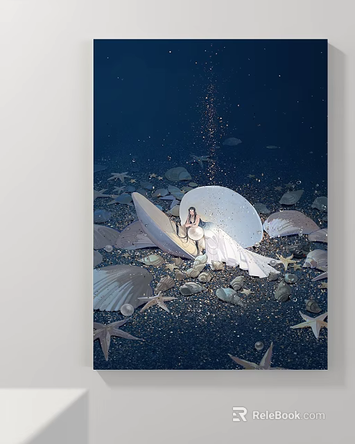 Abstract Painting Underwater Scene With Golden Sparkles Large Seashell Woman in White Gown Starfish Pebbles 3d model 