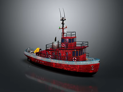 Red Tugboat Watercraft with Deck Equipment Lifebuoys Antennas and Railings 3d model