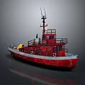 Red Tugboat Watercraft with Deck Equipment Lifebuoys Antennas and Railings