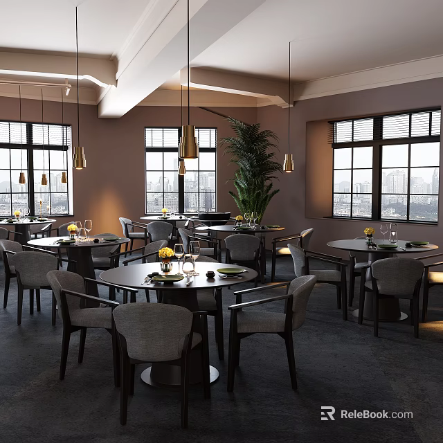 Restaurant Interior With Round Tables Gray Chairs Pendant Lights And City View Windows 3d model 