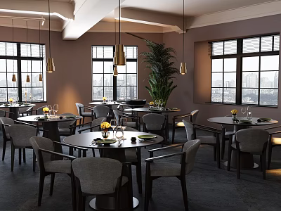 Restaurant Interior With Round Tables Gray Chairs Pendant Lights And City View Windows 3d model