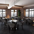 Restaurant Interior With Round Tables Gray Chairs Pendant Lights And City View Windows