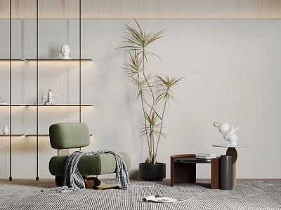 Green Single Sofa with Gray Blanket Near Plant and Small Table in Modern Interior 3d model