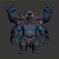 Fierce Four Armed Blue Skinned Fantasy Game Movie Character With Red Accents And Armored Design