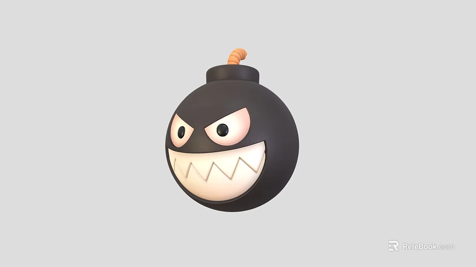 Menacing Black Cartoon Bomb Character With White Eyes Sharp Teeth Mouth And Orange Fuse 3d model 