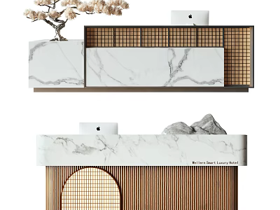 Elegant Modern Reception Desk With Marble Countertop And Wooden Lattice Decoration 3d model