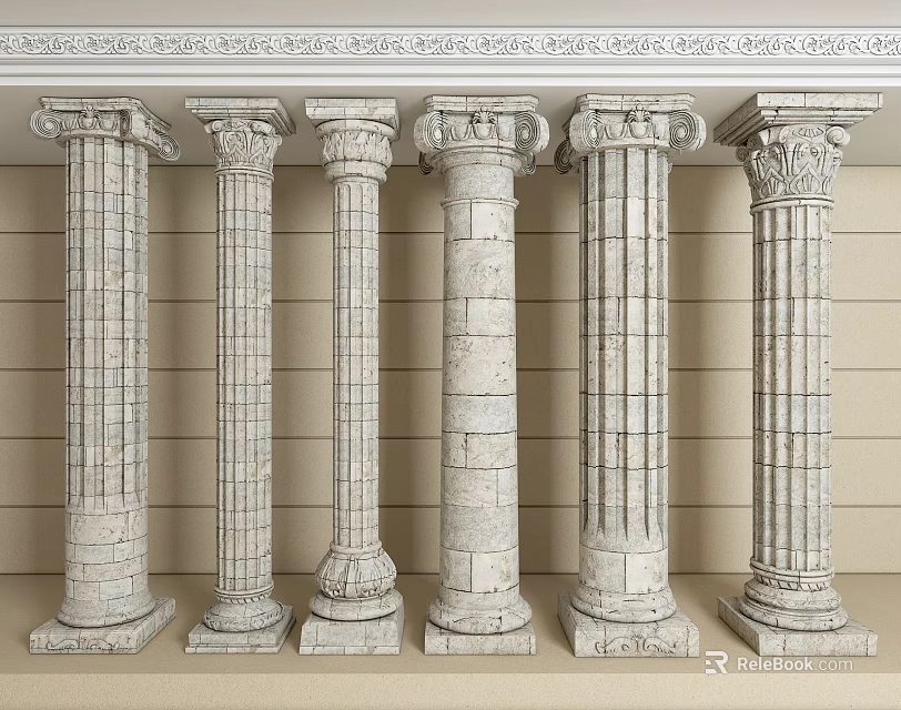 Classic Stone Roman Columns In A Row With Unique Designs 3d model 