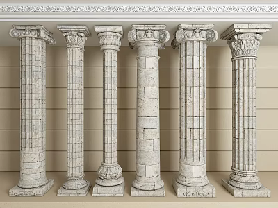 Classic Stone Roman Columns In A Row With Unique Designs 3d model