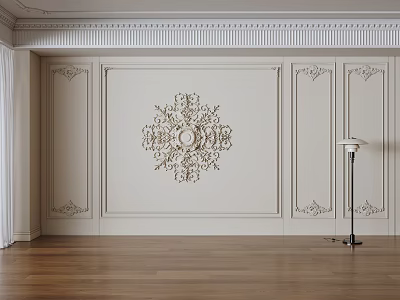 Elegant Interior Wall Design With Decorative Gypsum Molding Intricate Pattern And Wooden Floor 3d model