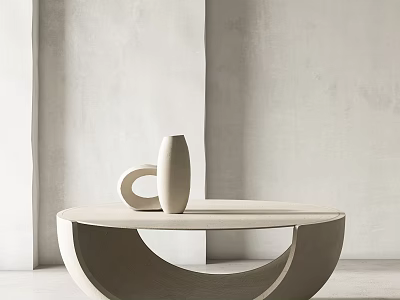 Sleek Curved Coffee Table In Beige Concrete With Ceramic Vases And Minimalist Wall 3d model