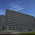 Modern Office Building Exterior With Glass Facade Multiple Floors Surrounding Road Vehicles And Greenery