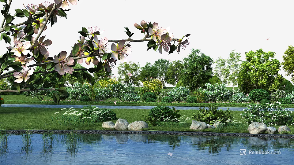 Flowering Shrubs in Garden Landscape with Pond Stones Grass and Trees 3d model 