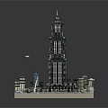 Cartoon City Scene With Tall Skyscraper Surrounding Buildings Water Area And Green Spaces