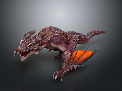 Mythical 3D Dragon Model With Scaled Body Sharp Horns Pointed Fangs And Orange Wings 3d model