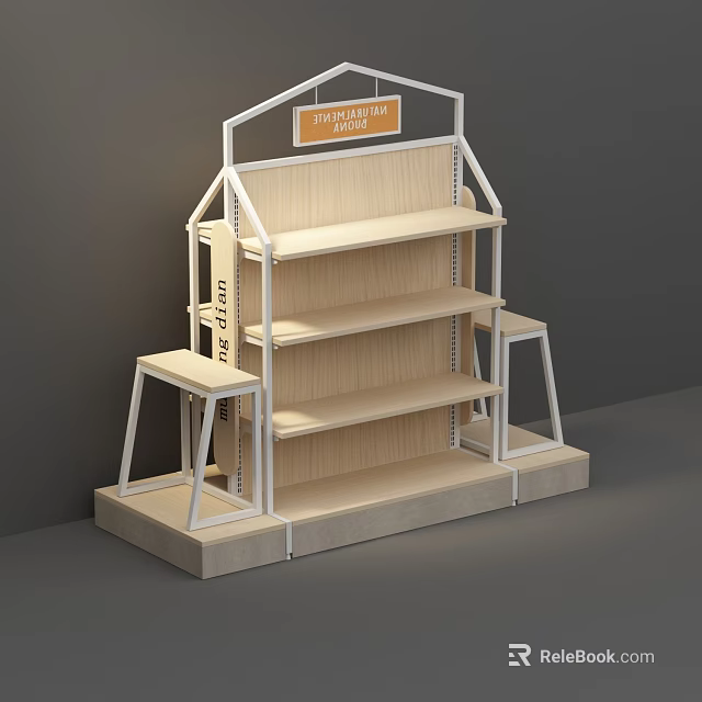 Healthy Food Display Shelf with Wooden Shelves and Metal Frame for Fresh Products Store 3d model 