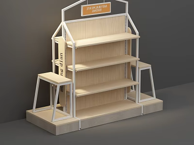 Healthy Food Display Shelf with Wooden Shelves and Metal Frame for Fresh Products Store 3d model