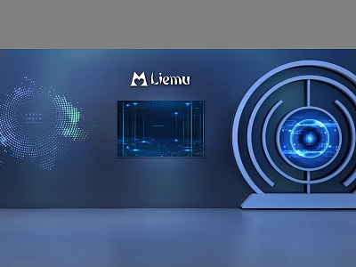 Futuristic Display Shelves With Digital Screen And Circular Ring Design Elements 3d model