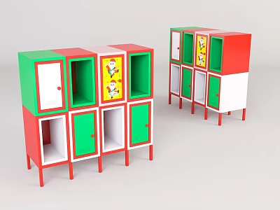 Red Green White Entryway Cabinet and Side Cabinet with Multiple Compartments Doors and Cartoon Patterns 3d model