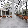 Modern Office Corridor With Wooden Ceiling Glass Skylights Gray Flooring And White Walls