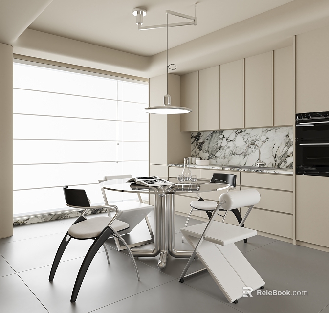 Modern Restaurant Interior With Glass Dining Table White Chairs And Marble Backsplash 3d model 