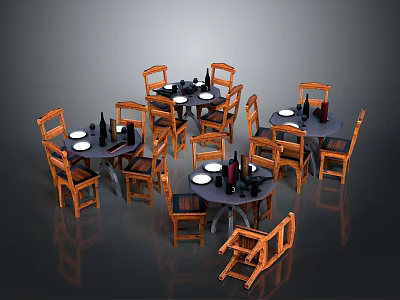 Wooden Dining Tables And Chairs Set With Round Tables Plates And Wine Bottles 3d model