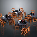 Wooden Dining Tables And Chairs Set With Round Tables Plates And Wine Bottles