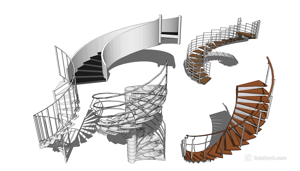Modern Spiral Staircase Designs With Metal Railings And Wooden Steps 3d model 