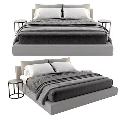 Modern Double Bed Interior With Gray Headboard Black Bedspread And Metal Bedside Tables 3d model