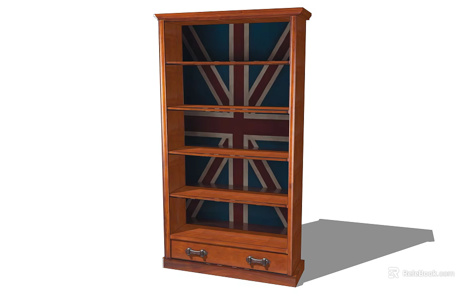 Wooden Brown Bookcase With Multiple Shelves Bottom Drawer And Union Jack Pattern 3d model 