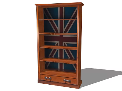 Wooden Brown Bookcase With Multiple Shelves Bottom Drawer And Union Jack Pattern 3d model