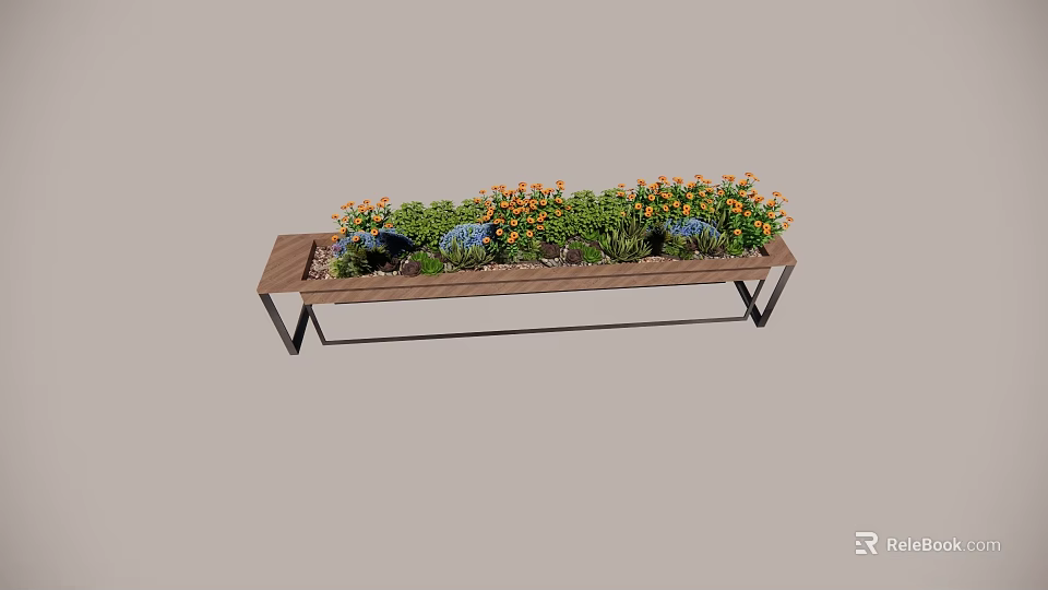 Colorful Flower Plants In Wooden Planter With Metal Stand For Garden Decoration 3d model 
