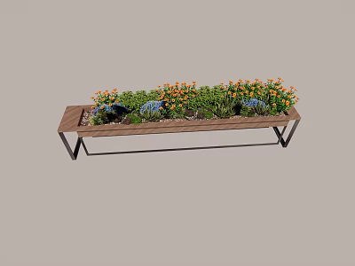 Colorful Flower Plants In Wooden Planter With Metal Stand For Garden Decoration 3d model