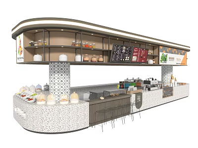 Modern Beverage Bar Interior With Patterned Counter Display Shelves Drinks And Desserts 3d model