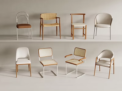 Modern Dining Chairs With Rattan Seats Wooden Frames And Neutral Color Upholstery 3d model